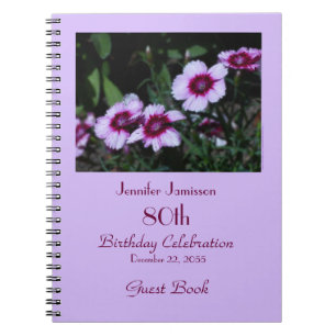 80. Geburtstagsparty Gästebuch, Purple Flowers Notizblock