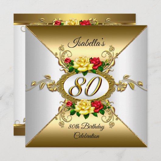 80. Geburtstagsparty Gold Gelbe Rosen Einladung (Vorne/Hinten)