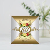 80. Geburtstagsparty Gold Gelbe Rosen Einladung (Stehend Vorderseite)