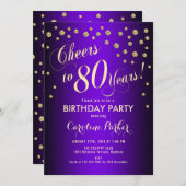 80. Geburtstagsparty - Gold Lila Einladung (Vorne/Hinten)