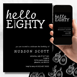 80. Geburtstagsparty Hallo Achtzig Moderne Schwarz Einladung