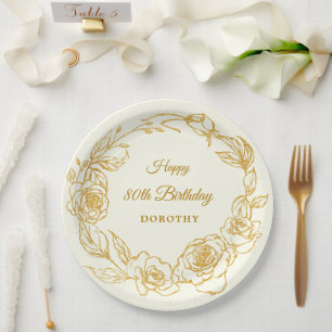 80. Geburtstagsparty Luxe Gold Rose Floral Elfenbe Pappteller