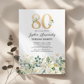 80. Geburtstagsparty mit weißer Blüte Einladung