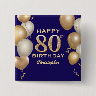 80. Geburtstagsparty Navy Blue and Gold Balloons Button