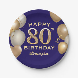 80. Geburtstagsparty Navy Blue and Gold Balloons Pappteller