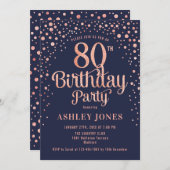80. Geburtstagsparty - Navy & Rose Gold Einladung (Vorne/Hinten)
