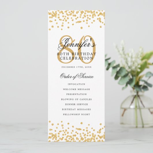 80. Geburtstagsparty-Programm Gold Confetti Einladung (Stehend Vorderseite)