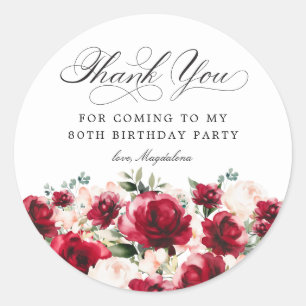 80. Geburtstagsparty Red Pink Floral Vielen Dank Runder Aufkleber