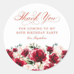 80. Geburtstagsparty Red Pink Floral Vielen Dank Runder Aufkleber