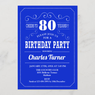 80. Geburtstagsparty - Royal Blue White Einladung