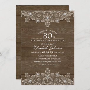 80. Geburtstagsparty Rustic Wood Unique Lace Einladung