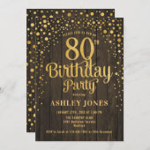 80. Geburtstagsparty - Rustikales Holz & Gold Einladung (Vorne/Hinten)