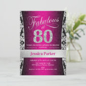 80. Geburtstagsparty - Silberrosa Schwarz Einladung (Stehend Vorderseite)