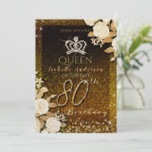 80. Glittering Crown Gold Geburtstag Einladung (Stehend Vorderseite)