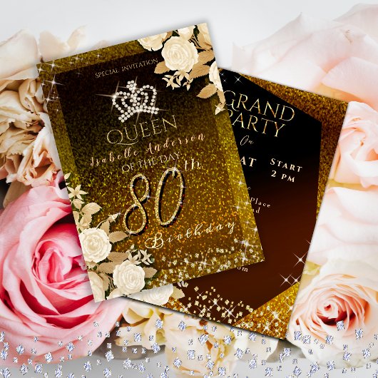 80. Glittering Crown Gold Geburtstag Einladung