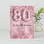80. Glitzer-Geburtstag in Rosa Einladung (Stehend Vorderseite)