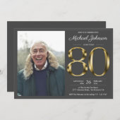 80. Gold Text Dunkelgrau Klassisches Foto Geburtst Einladung (Vorne/Hinten)