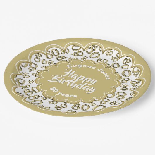 80. Gold/Weiß-Zufallszahlenmuster Pappteller (Schrägansicht)