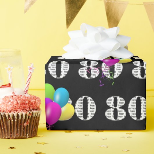 80. Happy Birthday Balloons auf schwarz Geschenkpapier (Geburtstagsparty)