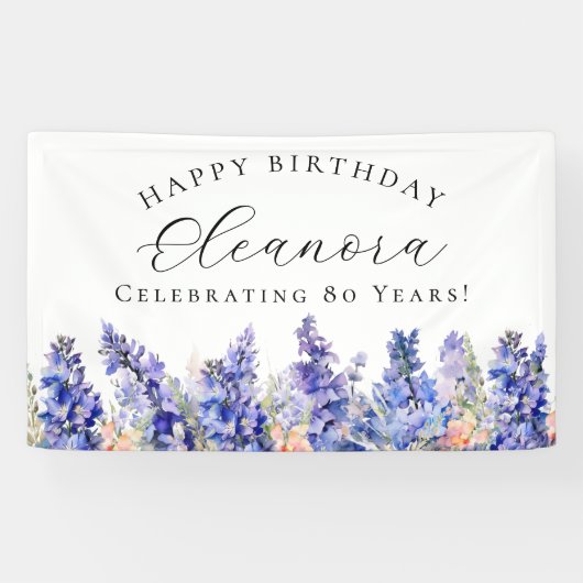 80. Happy Birthday Banner Blue July Birth Blume (Horizontal)