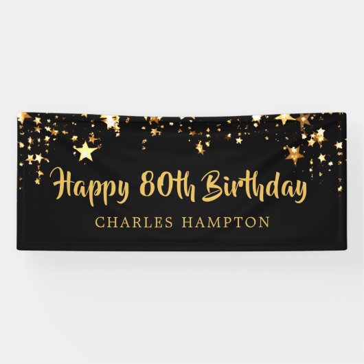 80. Happy Birthday Black Gold Stars oder Ihr Text Banner (Horizontal)