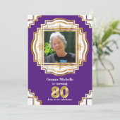 80. lila, weißes, goldfarbenes Foto Einladung (Stehend Vorderseite)