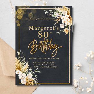 80. Modern Black & Gold Floral Glitzer Geburtstag Einladung