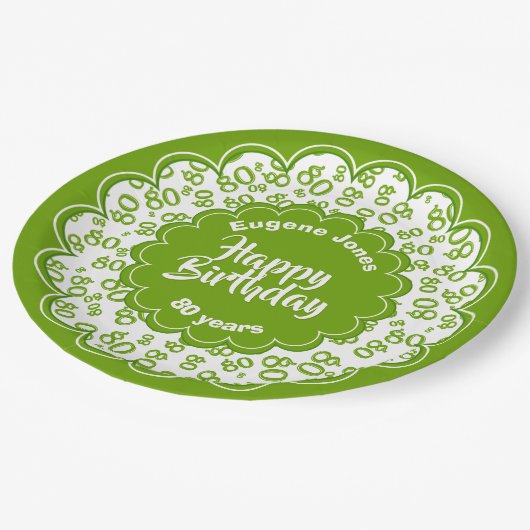 80. Muster für grün/weiß Zufallszahlen Pappteller (Schrägansicht)