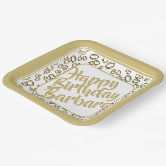 80. Party Zufallszahlenmuster Gold/Weiß Pappteller (Gewinkelt)