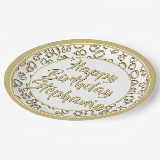 80. Party Zufallszahlenmuster Gold/Weiß Pappteller (Schrägansicht)