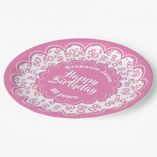 80. Pink/White Random Number Pattern Pappteller (Schrägansicht)