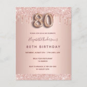 80. Rose Gold Glitzer Rosa Einladung Postkarte (Vorderseite)