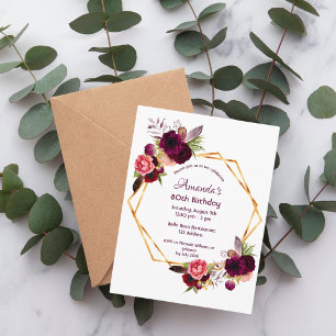 80 th birthday burgundy floral gold Einladung Postkarte