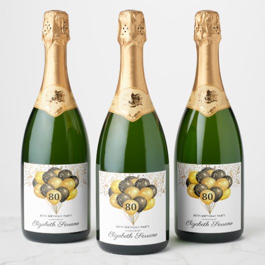 80. Überraschung Geburtstag Black Gold Glitzer Schaumweinetikett (Flaschen)