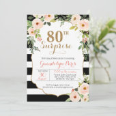 80. Überraschung Schwarz-weiß Stripe Floral Geburt Einladung (Stehend Vorderseite)
