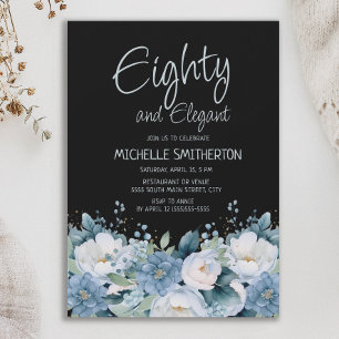 80 und Elegant Dusty Blue White Floral Black Einladung