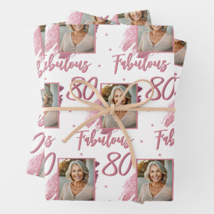 80 und Fabelhaft Rosa Glitter-Foto 80. Geburtstag Geschenkpapier Set
