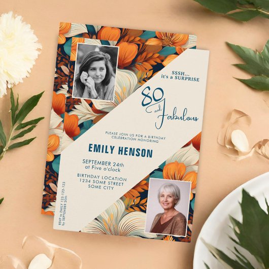 80 und fabelhafte Blume Muster Geburtstag Foto Einladung