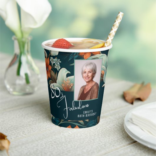 80 und fabelhafte Blume Muster Geburtstag Foto Pappbecher (In Situ)