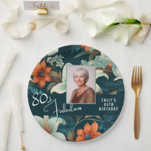 80 und fabelhafte Blume Muster Geburtstag Foto Pappteller