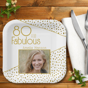 80 und fabulous Gold Glitzer Foto 80. Geburtstag Pappteller