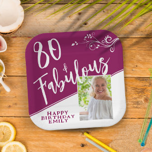 80 und Fabulous Script Foto Magenta 80. Geburtstag Pappteller