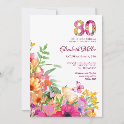 80 Years Flowers Butterflies 80th Birthday Einladung (Vorderseite)