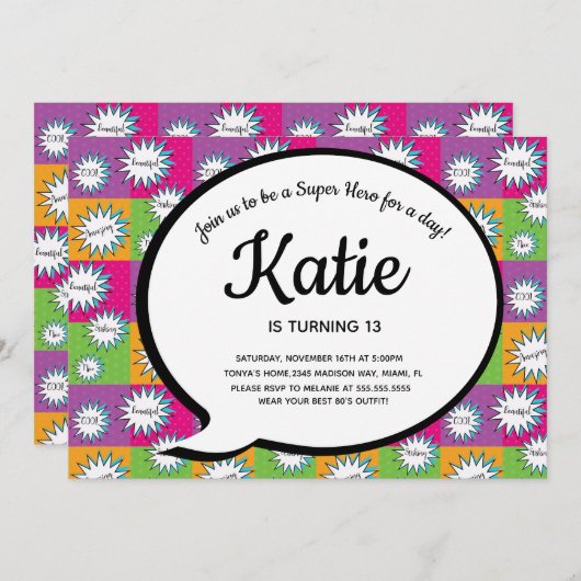 80er 90er Pink Comic Super Hero Zurückwerfen Einladung (Vorne/Hinten)