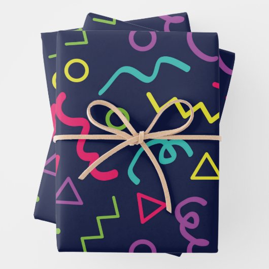 80er achtziger Retro-Party neonale Memphis Muster Geschenkpapier Set (Beispiel)