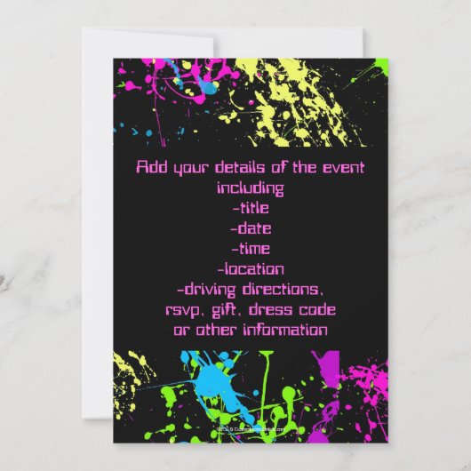 80er Brautparty Neon Paint Spritzer Einladung (Rückseite)