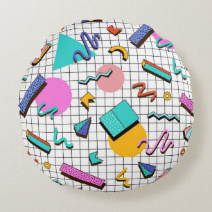 80er Bright Checkered: Vintag Geometrisch. Rundes Kissen