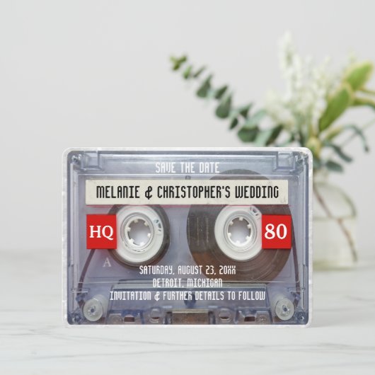 80er Cassette Mixtape 1980s Hochzeit Sichern Sie d Einladung (Stehend Vorderseite)