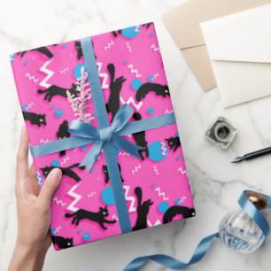 80er Cats Black Pink Geometric Memphis Pattern Geschenkpapier