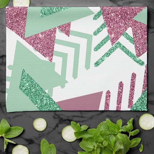 80er Fresh Abstrakt | Muster rosa und grüne Formen Geschirrtuch